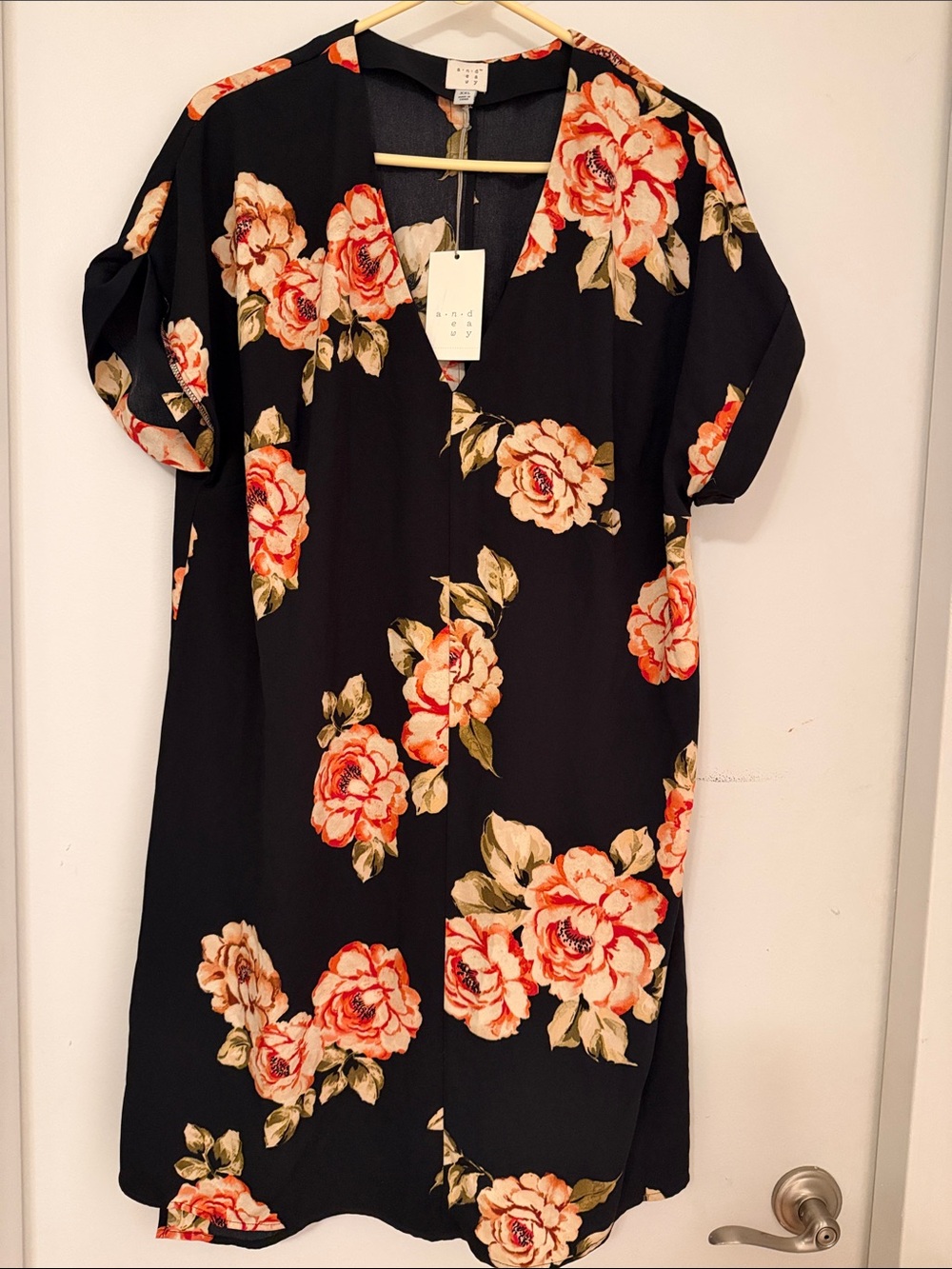 a new day Black Floral V-Neck Mini Dress - Peach Rose Print